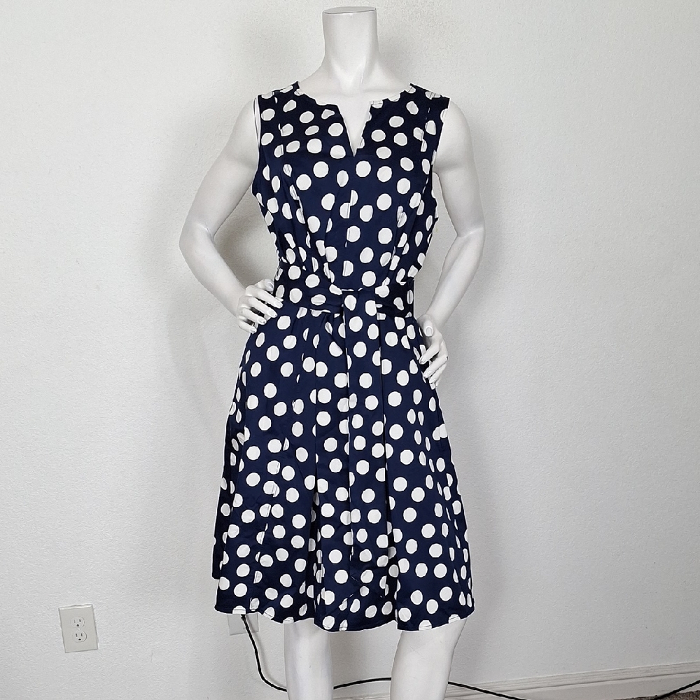 Boden Navy Blue & White Polka Dot Retro Pin Up Sleeveless Midi Dress Size 14R - Picture 2 of 16